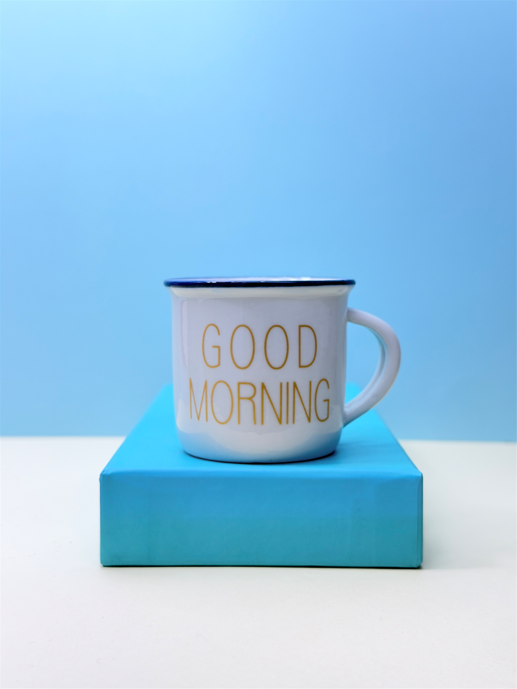 مینی کاپ سرامیکی طرح good morning سفید با لبه آبی